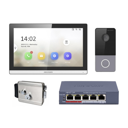 Комплект домофон Hikvision DS-KH6350-WTE1 + вызывная панель DS-KV6103-PE1(С) + Электромеханический замок Atis Lock Ch