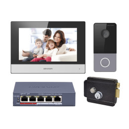 Комплект IP видеодомофон Hikvision DS-KH6320-TE1 + вызывная панель DS-KV6103-PE1(С) + электромеханический замок ATIS Lock MB