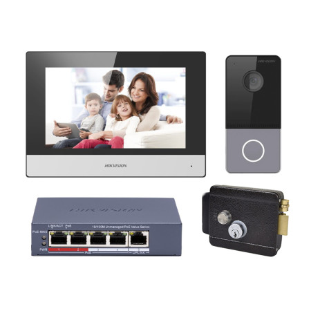Комплект IP видеодомофон Hikvision DS-KH6320-TE1 + вызывная панель DS-KV6103-PE1(С) + электромеханический замок ATIS Lock MB